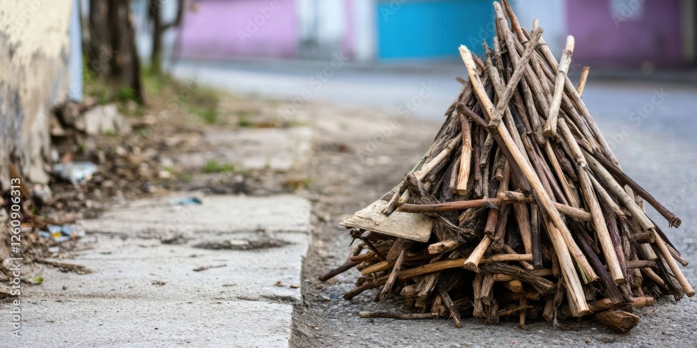 A visually captivating scene showcasing Stacked Twigs by the Sidewalk on a Quiet Street A visually captivating scene showcasing Stacked Twigs by the Sidewalk on a Quiet Street