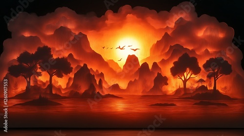 Serene Sunset Landscape With Silhouetted Trees And Mountains
