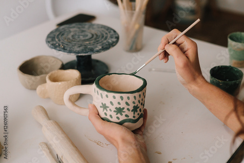 Fototapeta Naklejka Na Ścianę i Meble -  Design earthenware cup with a traditional pattern. Artist is making decoration on the clay ceramic mug after oven firing.