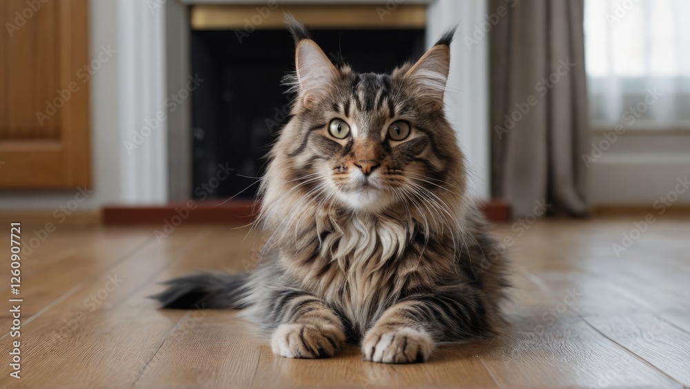 Tabby maine coon cat in the living room Tabby maine coon cat in the living room