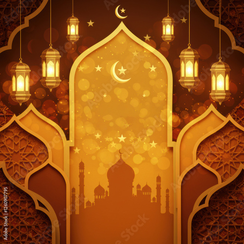 Ramadan Lanterns and Mosque Silhouette Background