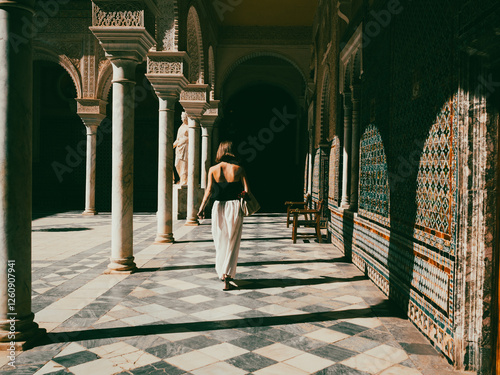 Young woman shoulders walking through an Andalusian porch