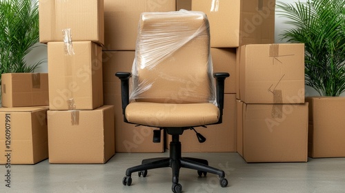 Beige Office Chair Amidst Moving Boxes photo
