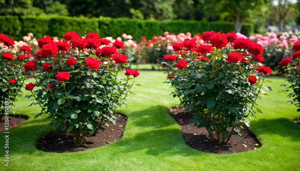 A heart-shaped rose garden on Valentine's Day, extreme wide shot, rack focus, eye level.