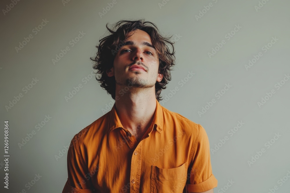 Obraz premium Stylish Young Man in Orange Shirt Posing Against a Neutral Background