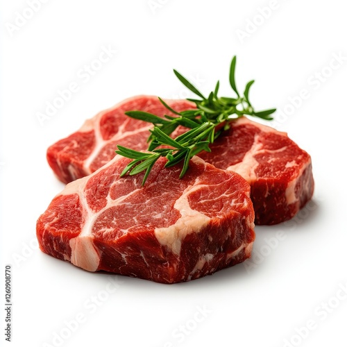 Fresh Cuts of Marbled Beef with Sprig of Rosemary on White Background photo