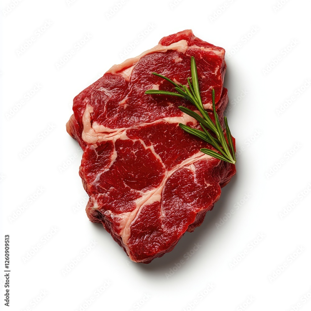 Fototapeta premium Fresh Raw Meat with Rosemary Herb Isolated on White Background