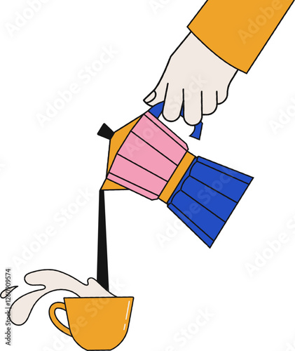 Hand with moka pot pouring coffee. 