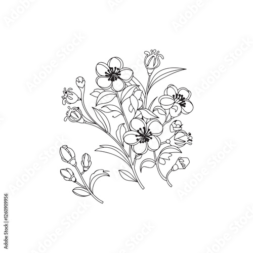 Set of flowering branches of honeysuckle, rose hip, mahonia, magnolia, jasmine, forsythia, black outline drawing.