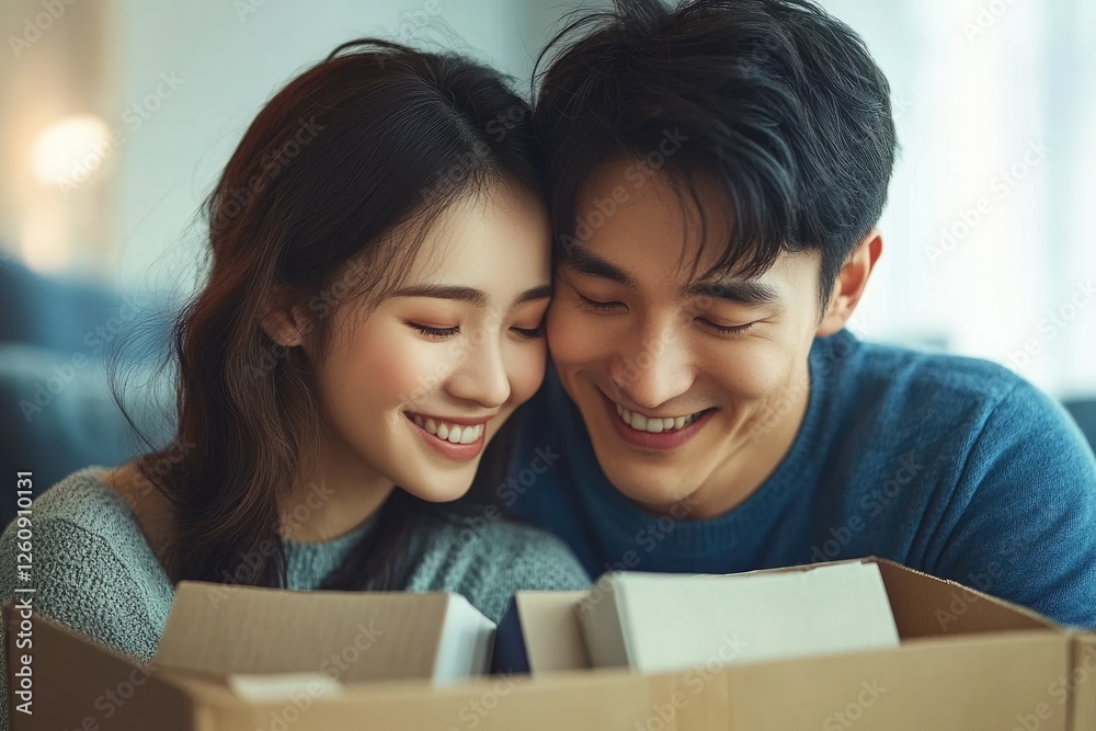 Obraz premium A happy young couple unpacking boxes, smiling and enjoying their new home together.