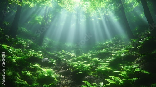 Sunbeams Illuminate Lush Green Forest Floor