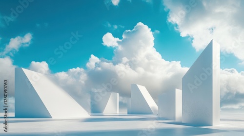 White, surreal architectural structures with abstract geometric shapes creating an otherworldly landscape, set beneath a vivid blue sky filled with drifting clouds.