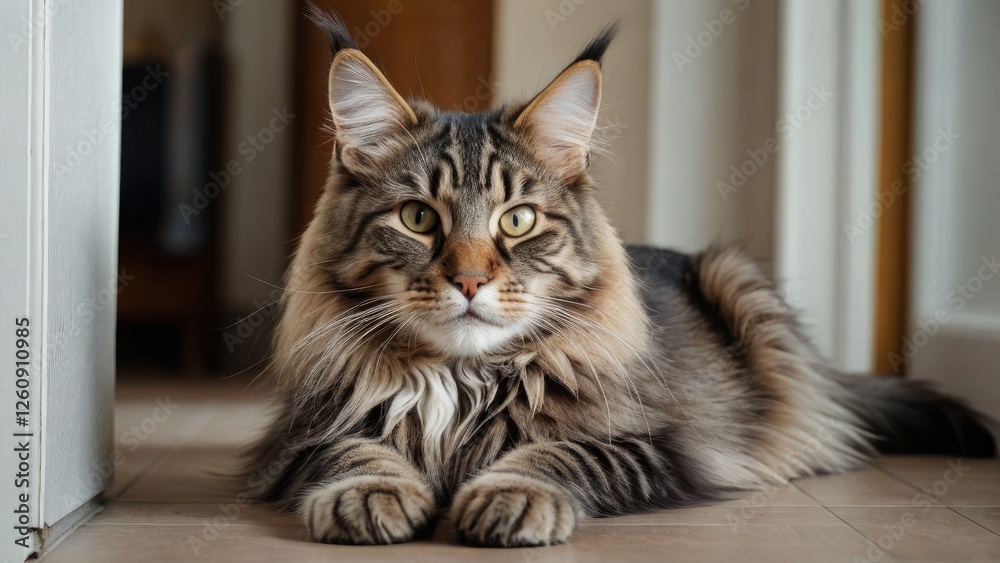 Tabby maine coon cat laying on the floor indoor Tabby maine coon cat laying on the floor indoor