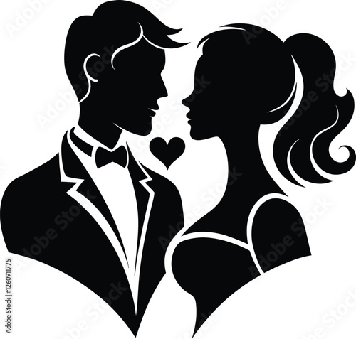 Couple  cameo silhouette head and body. Stylish women and man face and hair silhouette shape with black and white collection. Artistic art drawing of a husbands and wife face icon.