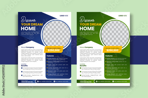 Real Estate  Flyer Template, flyer template design. Modern home sale poster with abstract geometric shape. Creative banner for housing or property business agency.