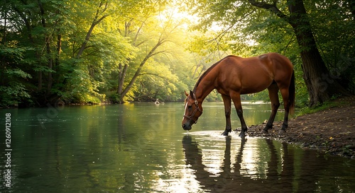 A brown horse drinking from a crystal-clear river, surrounded by lush trees.