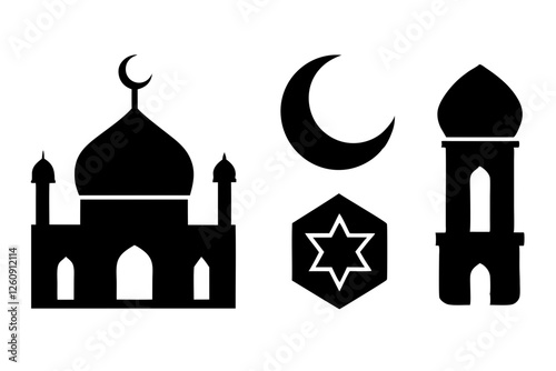 set of Islamic icon vector silhouette illustration, moon icon with star , mosque icon , Eid al-Adha or Eid-ul-Kabir Symbol,islamic icons vector image 