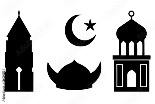 set of Islamic icon vector silhouette illustration, moon icon with star , mosque icon , Eid al-Adha or Eid-ul-Kabir Symbol,islamic icons vector image 