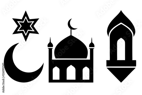 set of Islamic icon vector silhouette illustration, moon icon with star , mosque icon , Eid al-Adha or Eid-ul-Kabir Symbol,islamic icons vector image 