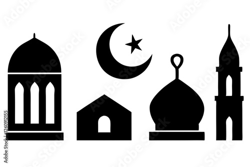 set of Islamic icon vector silhouette illustration, moon icon with star , mosque icon , Eid al-Adha or Eid-ul-Kabir Symbol,islamic icons vector image 