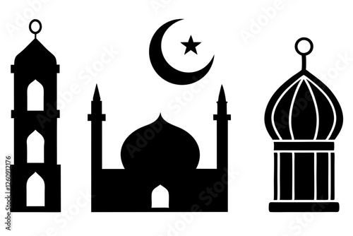 set of Islamic icon vector silhouette illustration, moon icon with star , mosque icon , Eid al-Adha or Eid-ul-Kabir Symbol,islamic icons vector image 