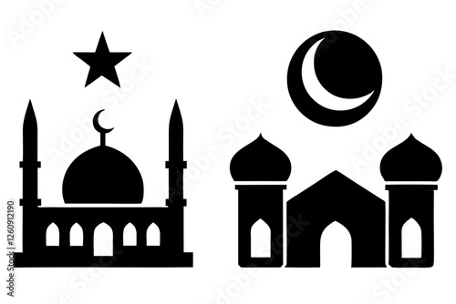 set of Islamic icon vector silhouette illustration, moon icon with star , mosque icon , Eid al-Adha or Eid-ul-Kabir Symbol,islamic icons vector image 