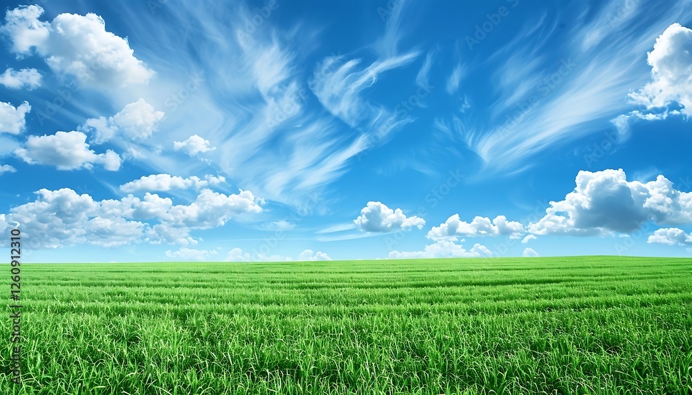Obraz premium field of green grass and perfect blue sky with white clouds