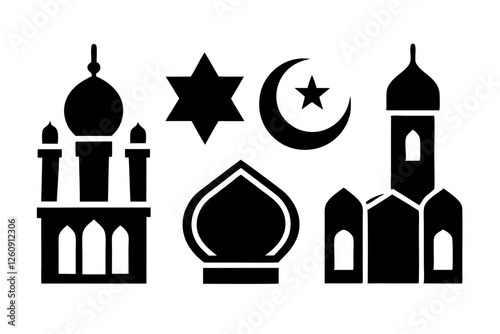 set of Islamic icon vector silhouette illustration, moon icon with star , mosque icon , Eid al-Adha or Eid-ul-Kabir Symbol,islamic icons vector image 