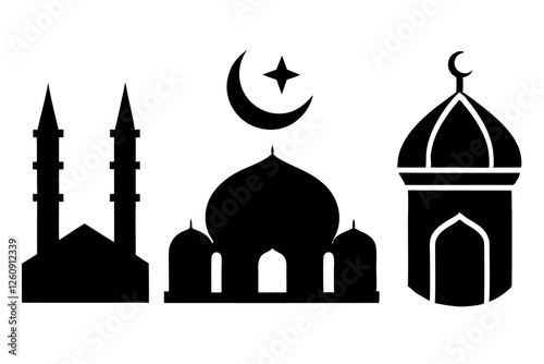 set of Islamic icon vector silhouette illustration, moon icon with star , mosque icon , Eid al-Adha or Eid-ul-Kabir Symbol,islamic icons vector image 