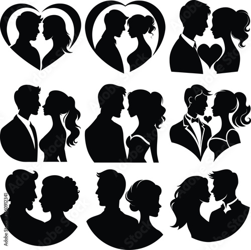 Set of couple cameo silhouette head and body. Stylish women and man face and hair silhouette shape with black and white collection. Artistic art drawing of a husbands and wife face icon.