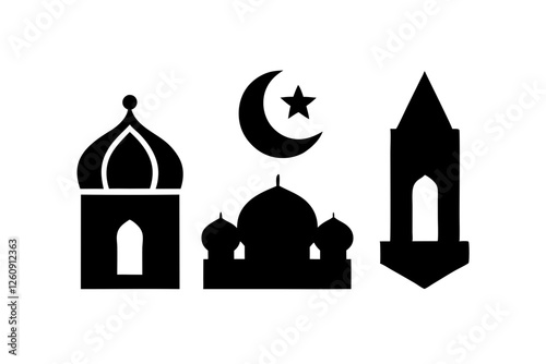 set of Islamic icon vector silhouette illustration, moon icon with star , mosque icon , Eid al-Adha or Eid-ul-Kabir Symbol,islamic icons vector image 