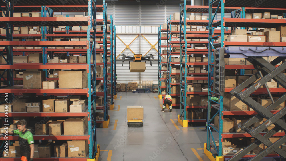 Obraz premium Logistics Center: Automated Guided Vehicles Transporting Cardboard Boxes, Workers Checking Inventory in Retail Warehouse. AGV Robots and Drones Delivering Packages with Goods. 3D Future Technology.