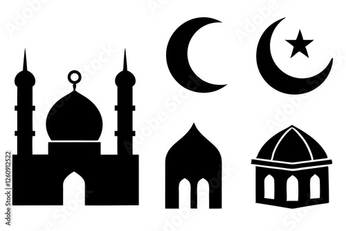 set of Islamic icon vector silhouette illustration, moon icon with star , mosque icon , Eid al-Adha or Eid-ul-Kabir Symbol,islamic icons vector image 