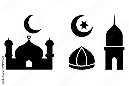 set of Islamic icon vector silhouette illustration, moon icon with star , mosque icon , Eid al-Adha or Eid-ul-Kabir Symbol,islamic icons vector image 
