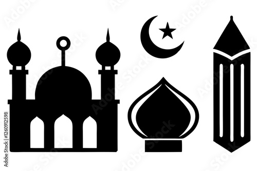 set of Islamic icon vector silhouette illustration, moon icon with star , mosque icon , Eid al-Adha or Eid-ul-Kabir Symbol,islamic icons vector image 