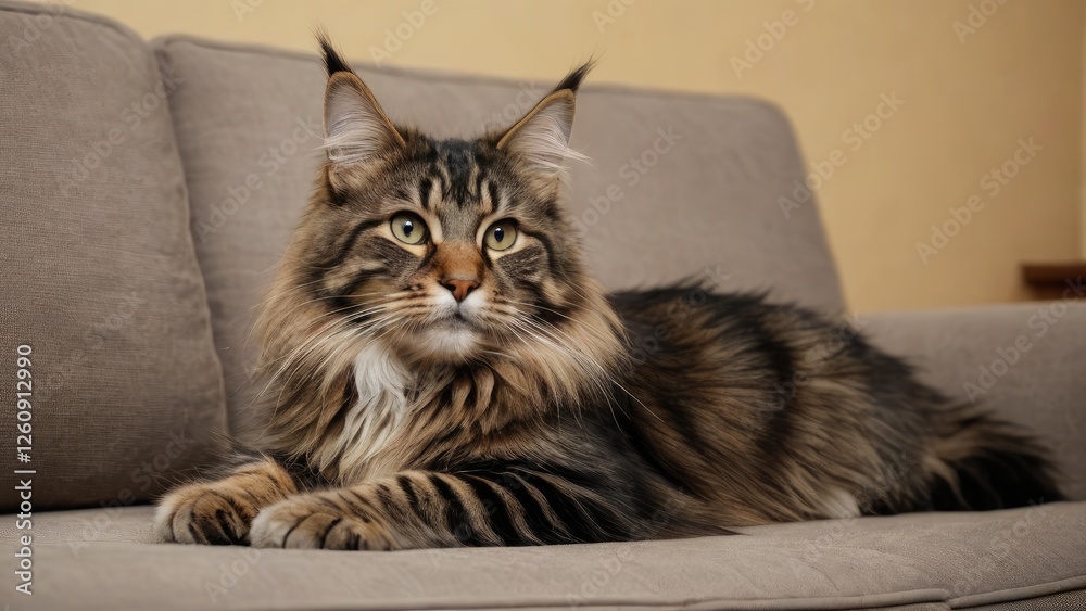 Tabby maine coon cat lying on sofa at home Tabby maine coon cat lying on sofa at home