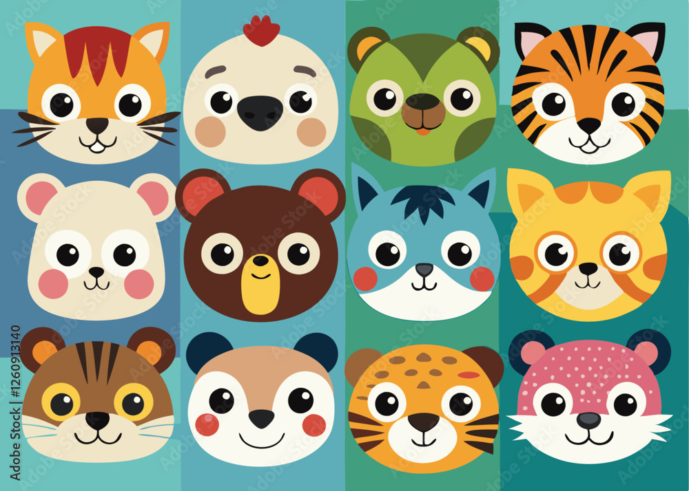 Naklejka premium Hand Gesture Silhouettes & Cute Animal Faces Vector Illustration