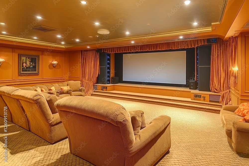 Fototapeta premium Luxurious home cinema room featuring plush seating and large screen, ideal for entertainment design. Concept focuses on home cinema room planning and stylish ambience