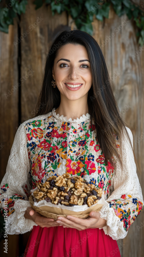 Romanian woman in traditional embroidered blouse enjoying cultural heritage Romanian woman in traditional embroidered blouse enjoying cultural heritage