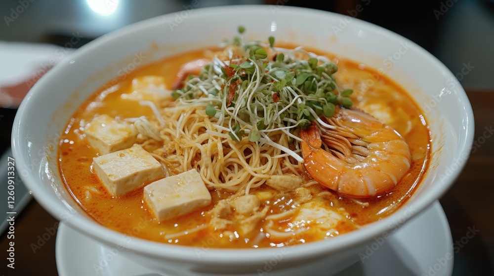 Laksa, Malaysian noodle soup with shrimp, tofu and sprouts, top view Laksa, Malaysian noodle soup with shrimp, tofu and sprouts, top view