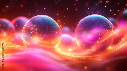 Luminous orbs float in a vibrant cosmic landscape