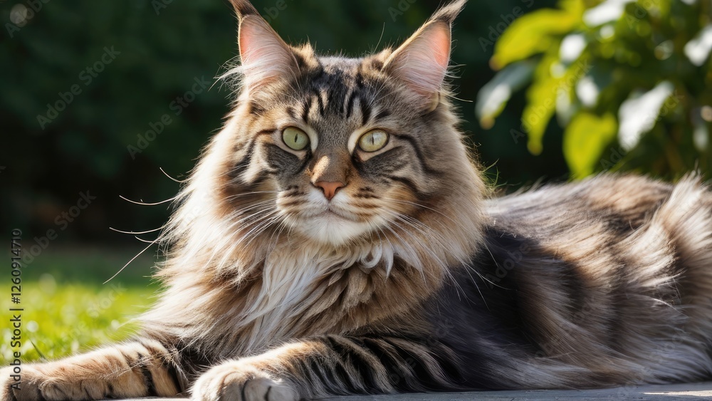 Fototapeta premium Tabby maine coon cat lying outside in the garden