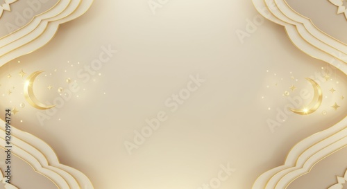 Creamy Ramadan Border Background with Crescent Moons