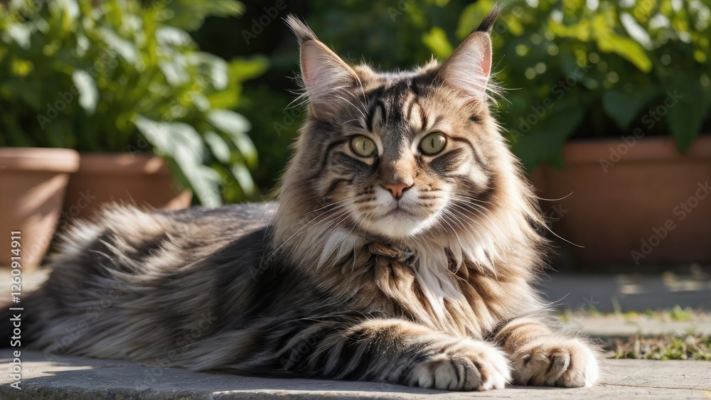 Tabby maine coon cat lying outside in the garden Tabby maine coon cat lying outside in the garden