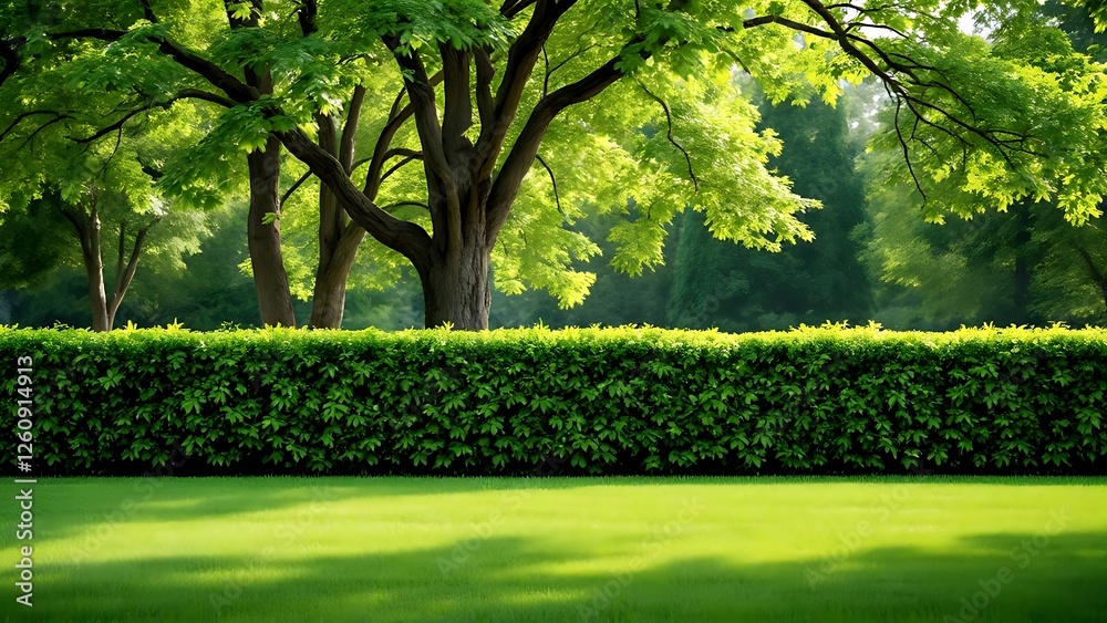 Obraz premium Long neatly trimmed hedge garden is made up Using cherry laurel