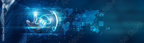 Businessman touching icon and cloud security solutions ensuring data protection, risk management, digital transformation, network integrity, cyber defense, cloud compliance, and business continuity. photo