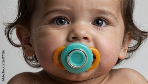 Baby sucking Pacifier looking at Camera.