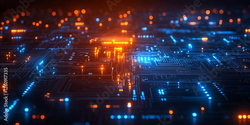 Technology background, orange and blue abstract circuit board and code