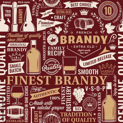 Vector typographic brandy seamless pattern or background. Brandy and distillery icons, branding and design elements