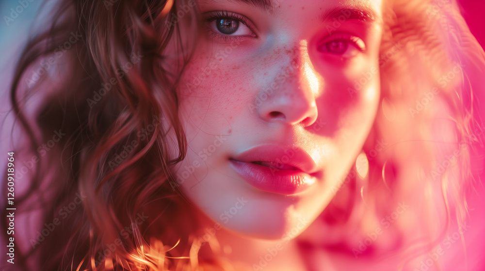 Close-up portrait of a young woman with curly hair and freckles illuminated by soft pink and purple light at sunset. Generative AI Close-up portrait of a young woman with curly hair and freckles illuminated by soft pink and purple light at sunset. Generative AI